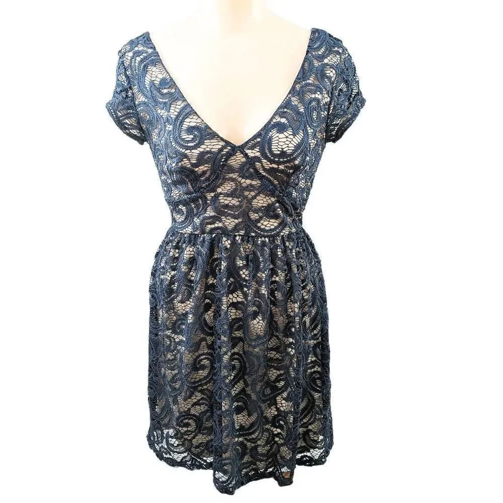 Francesca's Indigo Lace Overlay A-Line Dress - Picture 1 of 6